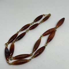 Vintage Art Deco Carnelian Agate Marquise Bead Y Necklace Gold Tone Link 20”