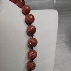 Vtg Goldstone 10mm beaded hand-knotted Necklace Stainless Steel Extender