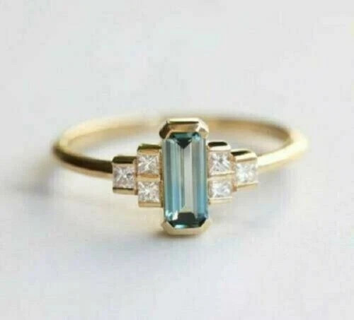 2Ct Baguette Lab-Created Aquamarine Women’s Engagement Ring 14K Yellow Gold Over