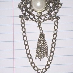 Vintage Ornate Gold Tone Filigree Brooch Faux Pearl Center Hanging Tassel Chain
