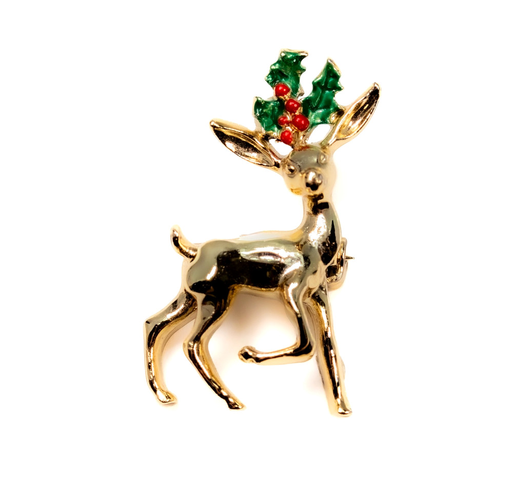 Vintage Christmas Brooch Pin Reindeer Fawn Deer with Holly Metal Shiny