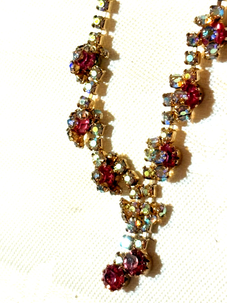 VINTAGE Eternity Rhinestone choker AB and Pink AB with AB clusters 15.5 inches