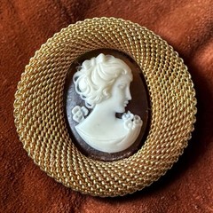 Cameo Brooch Pin Gold Tone Mesh Vintage Lady Portrait Victorian Revival