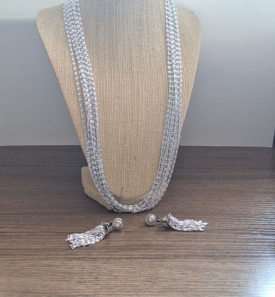 Vintage Celebrity ® Silvertone Cascade Necklace & Tassel Earrings Set 1960s Glam