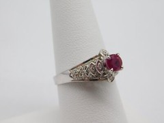 SWEET ANTIQUE 18K SOLID WHITE GOLD DIAMOND RUBY STONE RING