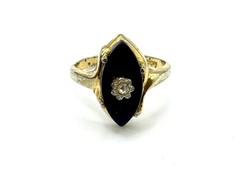 Vintage 14k GE Gold Art Nouveau Black Marquise Onyx Stone Rhinestone Ring Size 8
