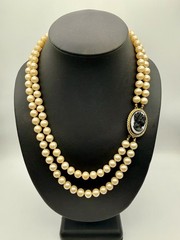 Vintage Double Strand Faux Pearl Cameo Necklace Black White Resin Cameo