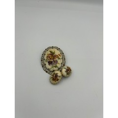 Floral Brooch Pin & Clip On Earrings Set Vintage Style Gold Tone