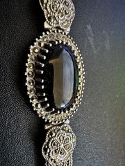 Vinta 925 Sterling Silver Black Onyx Marcasite Multi Strand Floral Bracelet 8.5”