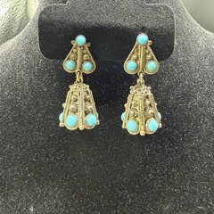 Vintage Turquoise Silver Tone Dangle Bell Heart Clip On Earrings
