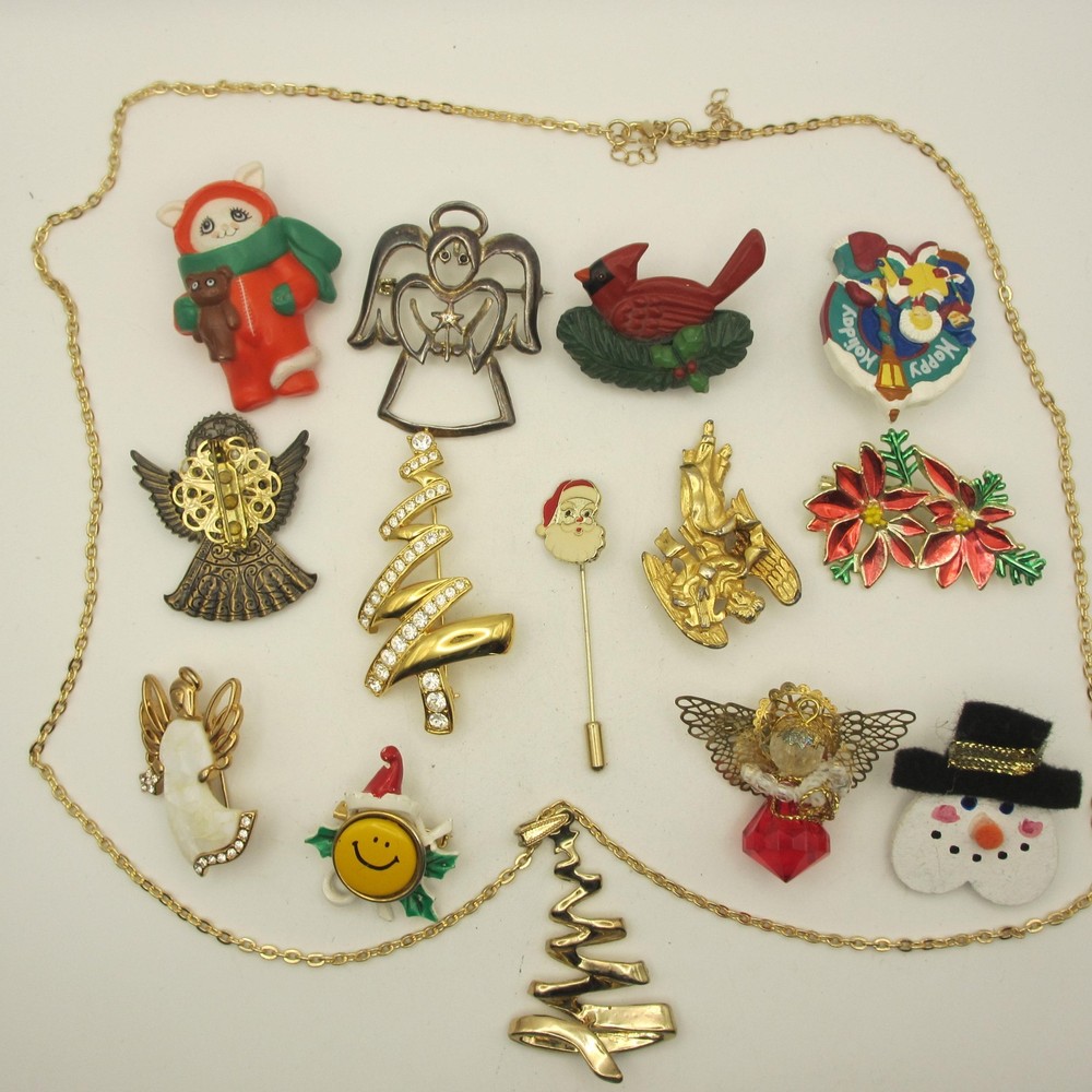 Vintage Christmas Jewelry Lot Santa Tree Angel Snowman Cardinal Poinsettia