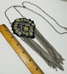 Vintage Artisan Pale Yellow Crystal Rhinestone Pendant Necklace Chain Fringe