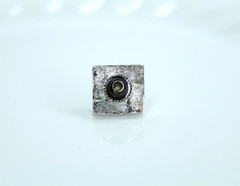 Vintage Silver‑Tone Tie Tack – Textured Square Design – Dark Glass Gem Center