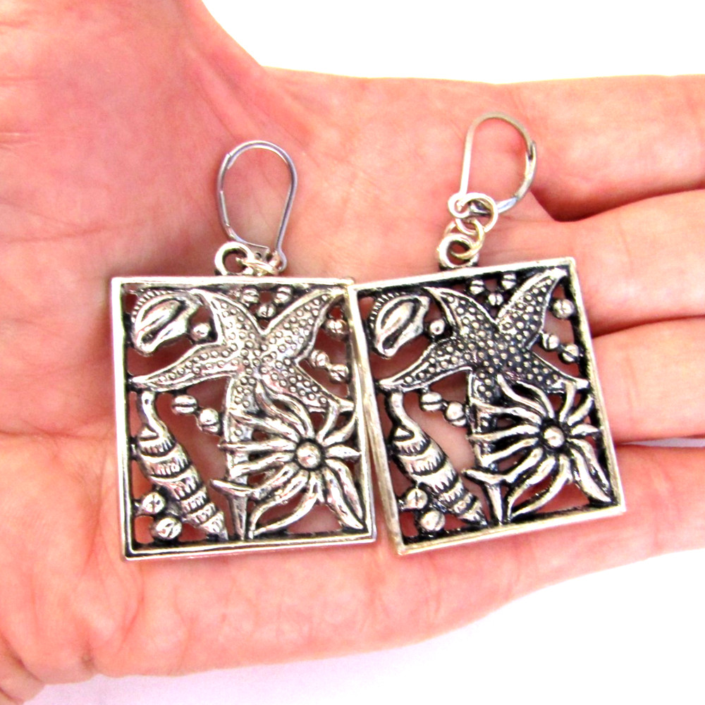 Starfish Seashell Sunflower Dangle Earrings Silver 1*2 inch