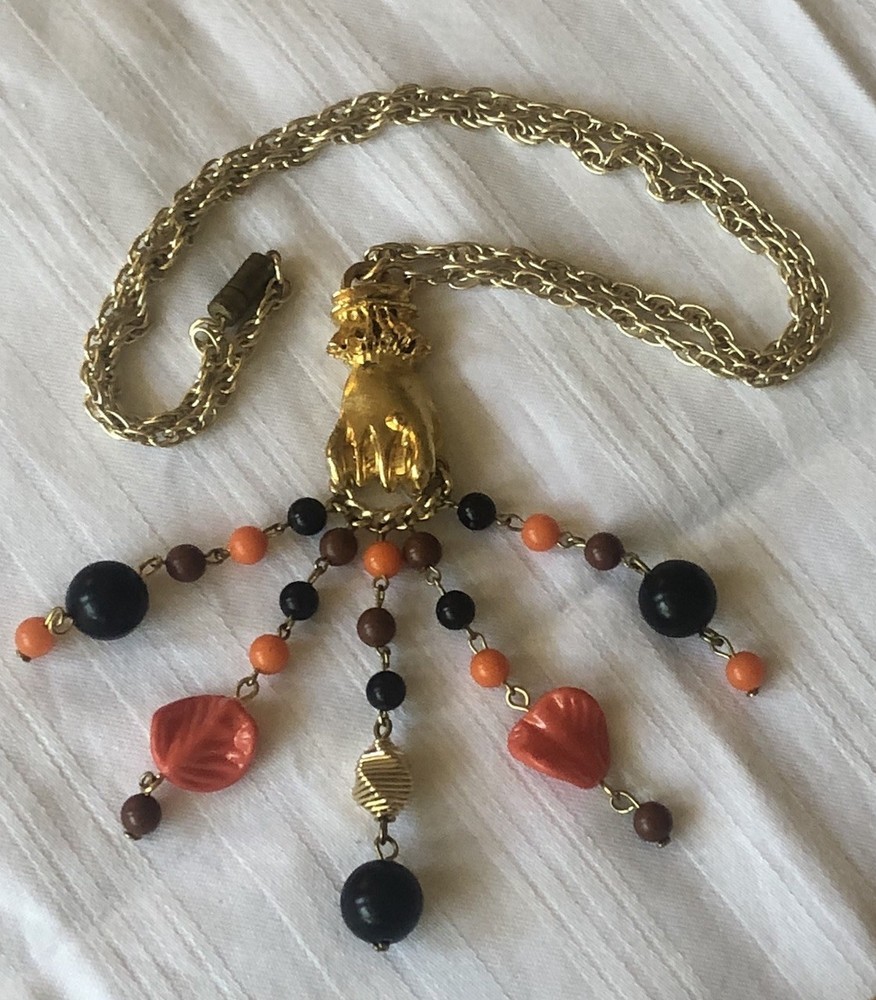 Bizarre Voodoo/Halloween-Style Gold Hand Puppet Master Chain/Bead Necklace VTG