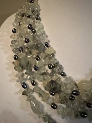 Vintage Tourmalinated Prehnite Nugget Necklace W/Bicone Beads, Freshwater Pearls