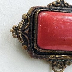 Antique Victorian Art Nouveau Sash Pin Brooch Red Cabochon Brass Real Authentic