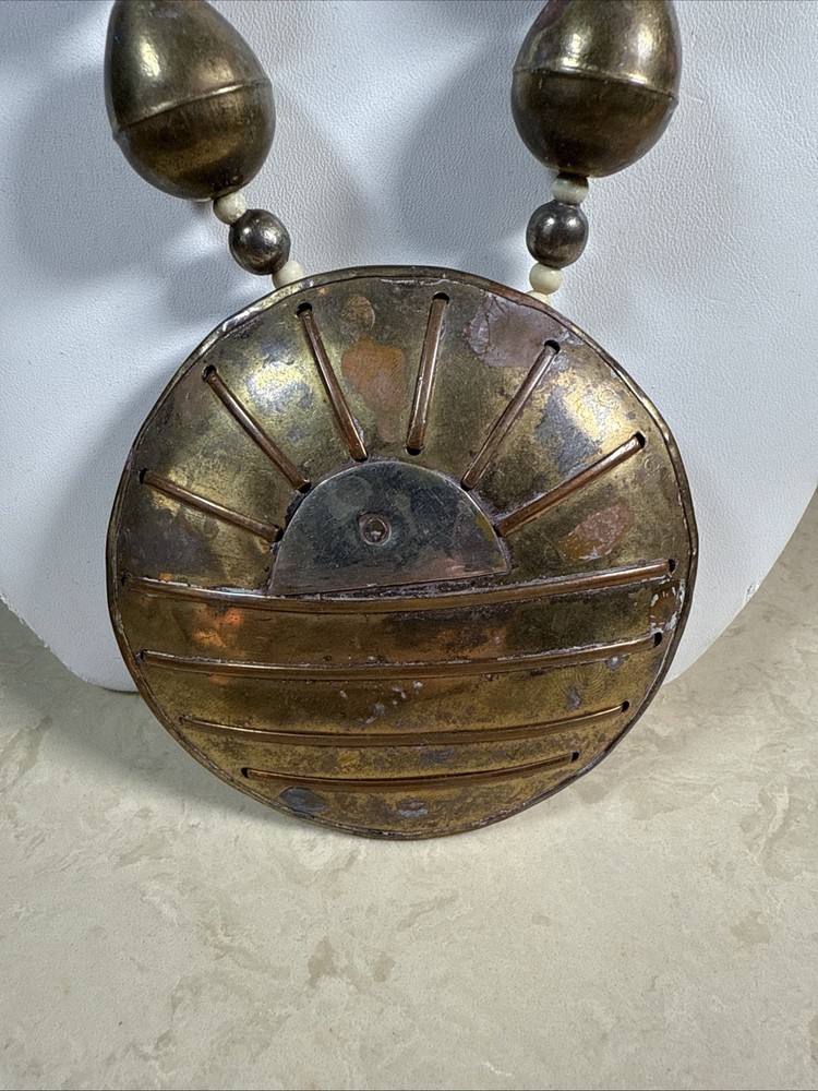 Vintage Bold Brass Silver Boho Modernist Mixed Metal Wood Beads Necklace Sunset