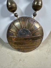 Vintage Bold Brass Silver Boho Modernist Mixed Metal Wood Beads Necklace Sunset
