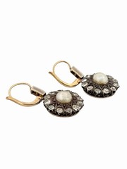 Antique Victorian Old Mine Cut Diamond Cluster Pearl Earrings 14K Gold & Silver