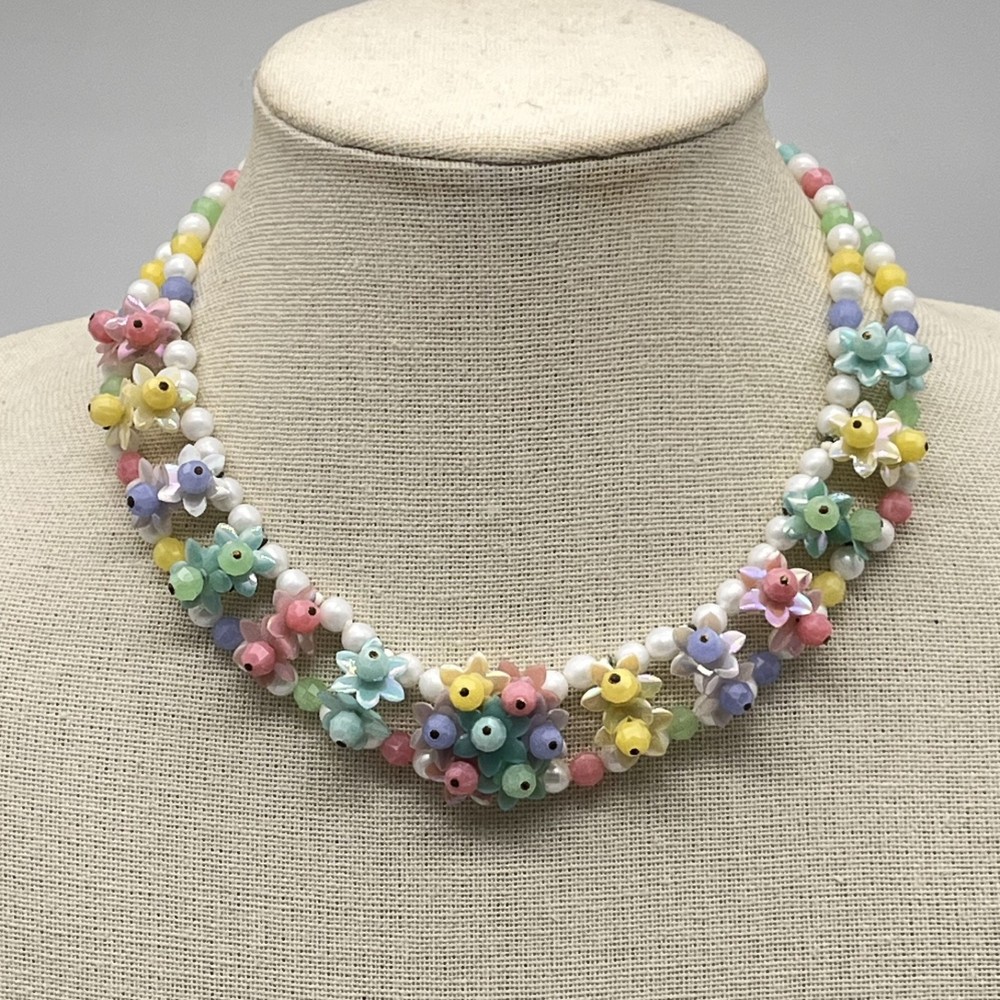 Vintage Pastel Beaded Necklace Layered Plastic Flowers 2 Strand