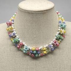 Vintage Pastel Beaded Necklace Layered Plastic Flowers 2 Strand