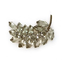 Vintage Czech Republic Clear Rhinestone Leaf Brooch Silver-Tone