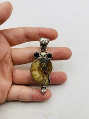 Vintage Sterling Silver 925 Peridot Smoky Topaz Gemstone Ammonite Fossil Pendant