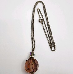 Vtg Smoky Topaz Borealis Crystal Bead Rondelle Pendant Gold Tone Necklace 18″ in