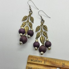 Vtg Big Art Nouveau Brass Leaves Chandelier Burgundy Bead Statement Earrings