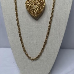 Vintage Layered Necklace Three Strands Puffy Heart Gold Tone Statement 1980s