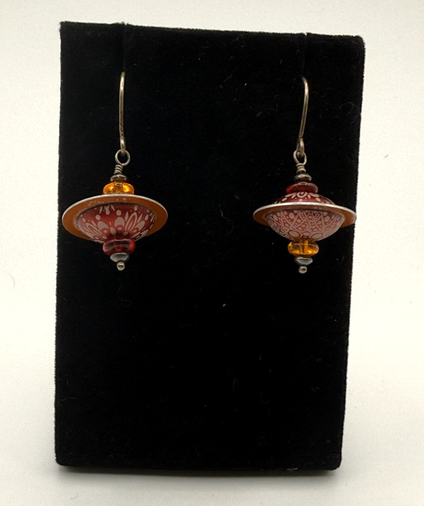 Handcrafted Earrings with Spinning Top Shaped with Enamel Bead Details