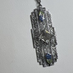 Antique Art Deco Rhodium Plated Filigree French Paste Flower Enamel Necklace