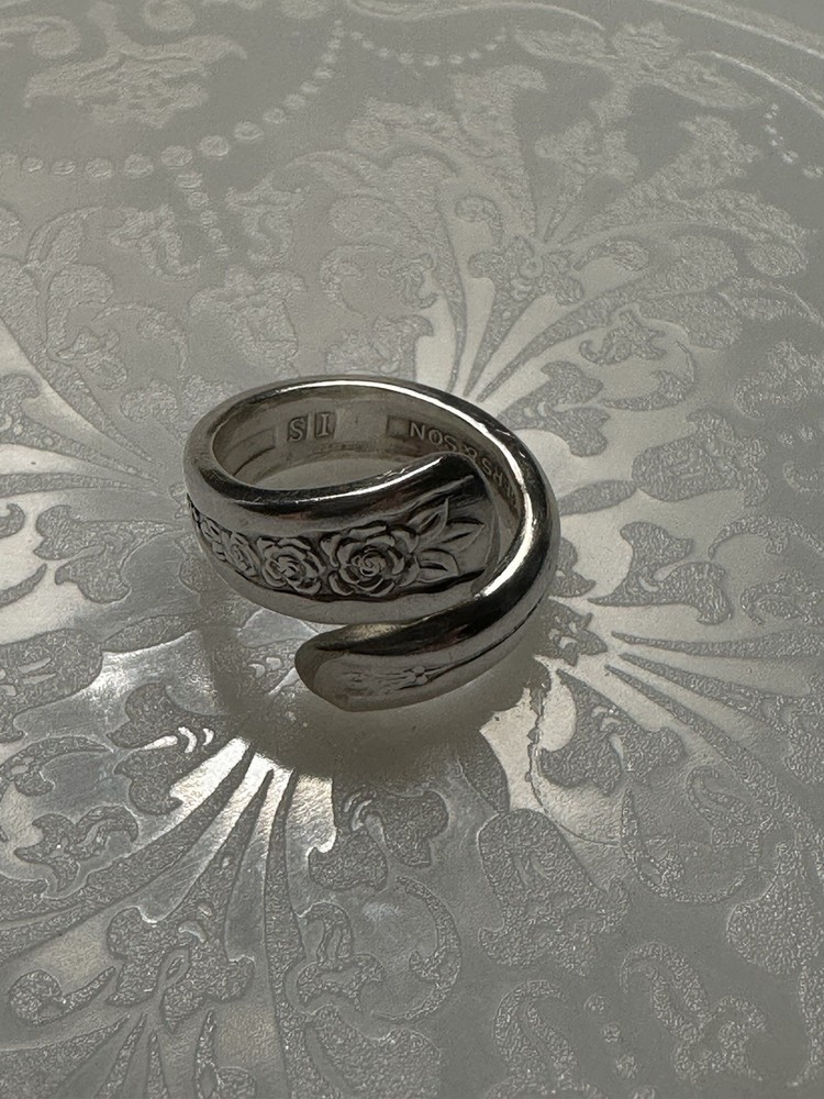 Vintage Sterling Silver Rogers Floral Spoon Ring Ornate Adjustable Sz 5 3/4