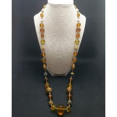 Vintage Long Beaded Glass Necklace Honey Tones Czech Frosted Satin 32 In Length