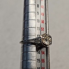 Antique Belais 18K White Gold Art Deco Ring Elongated Old Mine Cut Diamond