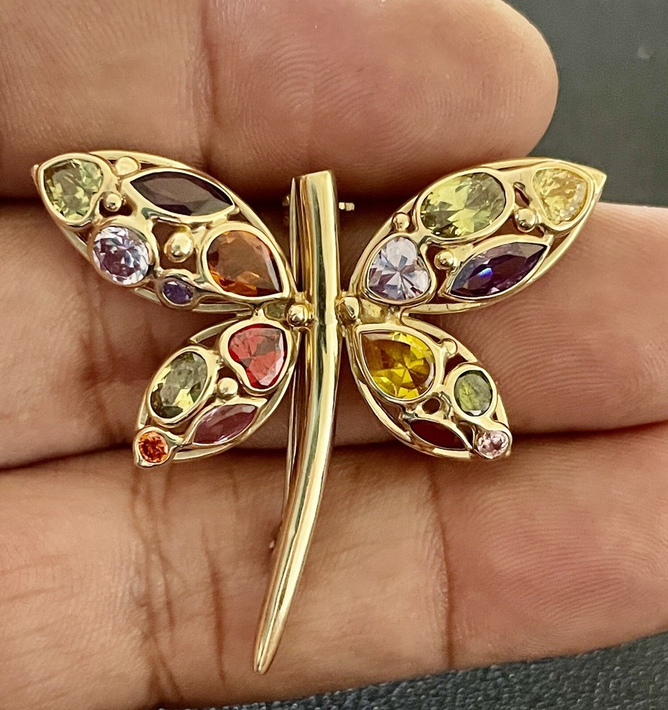14KT Yellow Gold 2.50CTW Multi Color Gemstones Dragonfly Brooch(FL406)