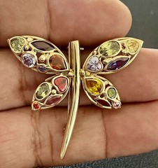 14KT Yellow Gold 2.50CTW Multi Color Gemstones Dragonfly Brooch(FL406)