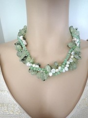 Vintage Multi Strand Necklace Freshwater Pearls & Pale Green Prehnite Gemstones