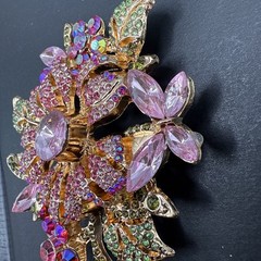 HUGE Pave Rhinestone Flower Gold Tone Brooch Pin Pink J26