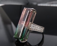 Rare 15.82ct Natural Party Color Tourmaline 0.35ct Diamond Platinum Ring, Size 7