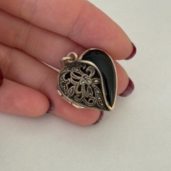 Vintage Sterling Silver Black Onyx Marcasite Floral Puffy Heart Locket Pendant