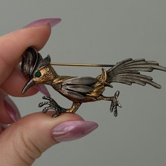 Vintage Road Runner Bird Brooch Pin Silver & Gold Tone Green Eyed