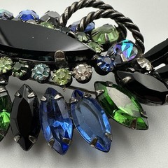 Vintage Rhinestone Brooch Blue Green Black Navette Cabochon Layered Statement