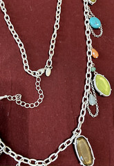 LIA SOPHIA Signed Vintage Necklace 36″ Yellow & Brown Lucite Dangles White Metal