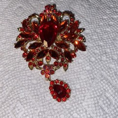 Large Contemporary Goldtone Red & AB Rhinestone Dangle Brooch