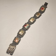 Vintage Swiss Enamel Asian Cities Bracelet – Filigree Silver Metal 7″ Antique