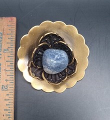 Vintage Brass Flower Brooch Pin With Sodalite Stone #363
