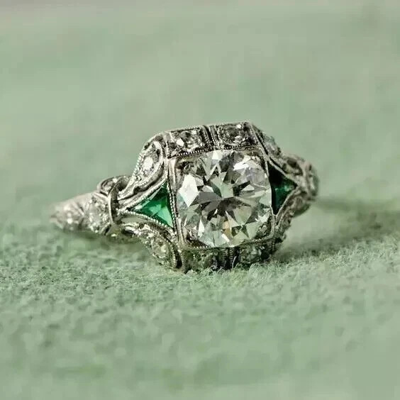 Art Deco Style Round Lab Created Diamond Emerald Wedding Ring 14K White Gold FN