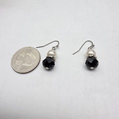 Black Crystal White Faux Pearl Silver Tone Metal Dangle Pierced Earrings Vintage